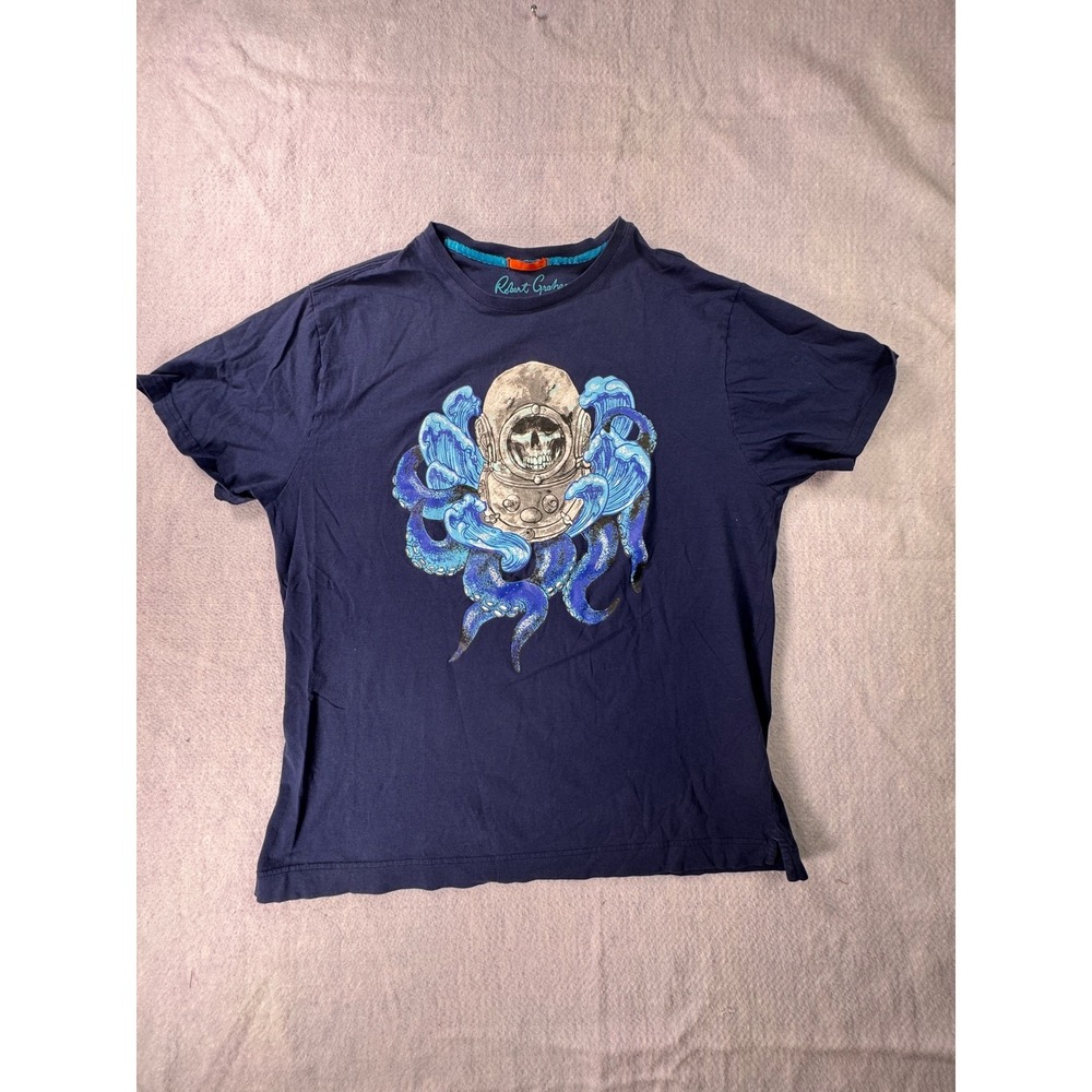 Robert Graham Mens Navy Blue Octopus Diver Skull Graphic T-Shirt 1XL Cotton Tee